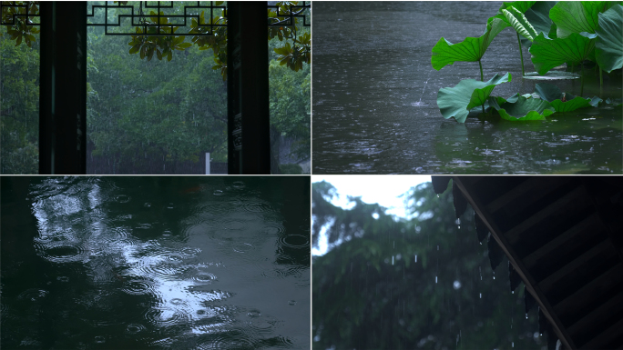中式古园林屋檐滴雨节气雨景