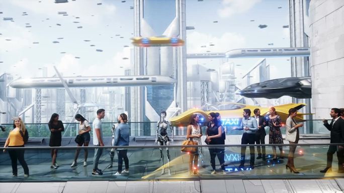 未来的城市。3d人和机器人。未来的概念。逼真的4k动画。