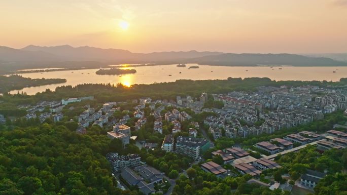 西湖日落全景 地标建筑