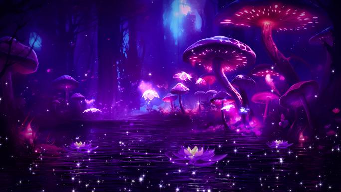 唯美紫色梦幻湖面蘑菇蝴蝶背景视频