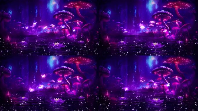 唯美紫色梦幻湖面蘑菇蝴蝶背景视频