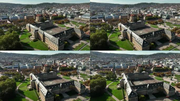 白天斯图加特市中心著名的宫殿区航拍全景图4k德国