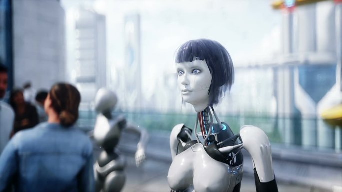 未来的城市。3d人和机器人。未来的概念。逼真的4k动画。