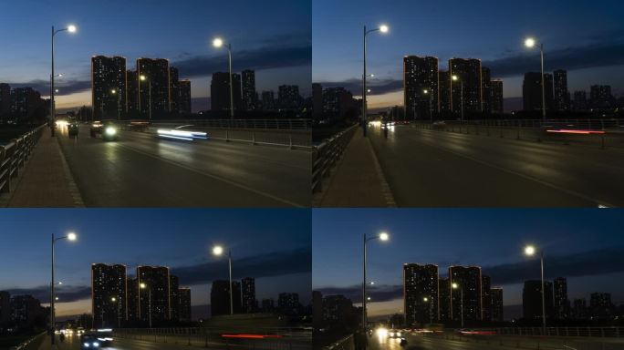 城市白天到夜晚高楼马上车流延时拍摄