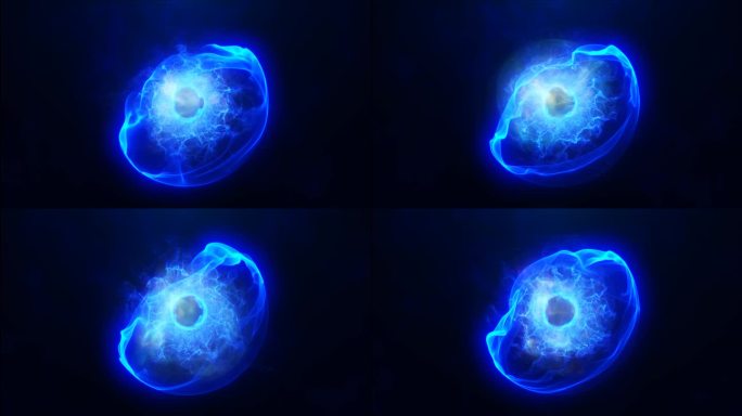 蓝色能量球具有发光的明亮粒子，原子具有电子和电场的魔力，具有科学的未来高科技的抽象背景