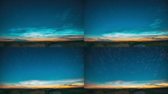 神奇的云和星星的效果，4k延时拍摄的不寻常的云和星星的效果在农村的田野景观与年轻的绿色小麦芽在春天，
