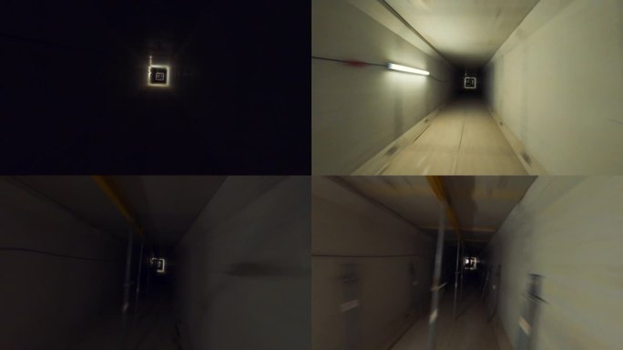 无人机飞行第一人称视角飞行通过黑暗的方形隧道或竖井