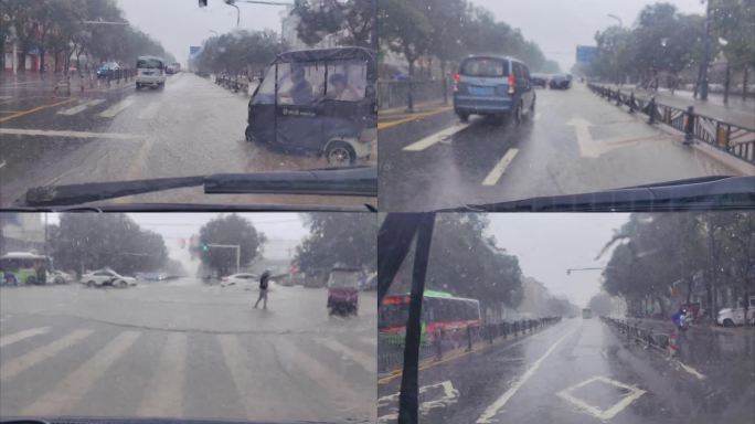 实拍城市大雨暴雨路面成河行车开车