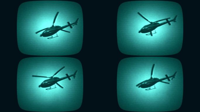 旧的CRT电视屏幕上播放着直升机在空中飞行的视频