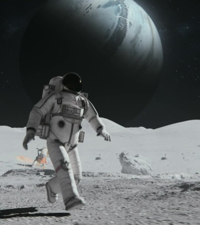 宇航员探索月球。遥远的星球在天空中，覆盖着岩石。第一位登上月球的宇航员。月球车和基站。先进技术，太空