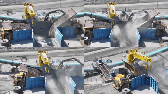 矿用电动轮卡车卸货画面4K航拍