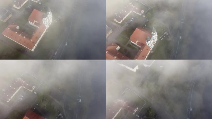 无人机拍摄的维尔纽斯发现圣十字教堂，立陶宛，天空雾蒙蒙