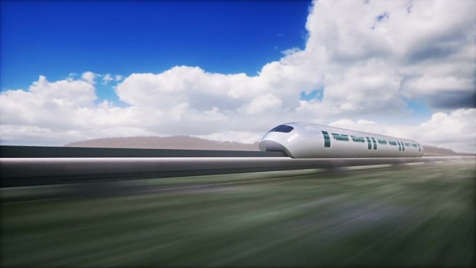 未来的火车。开得非常快。间隔拍摄云。未来的概念。