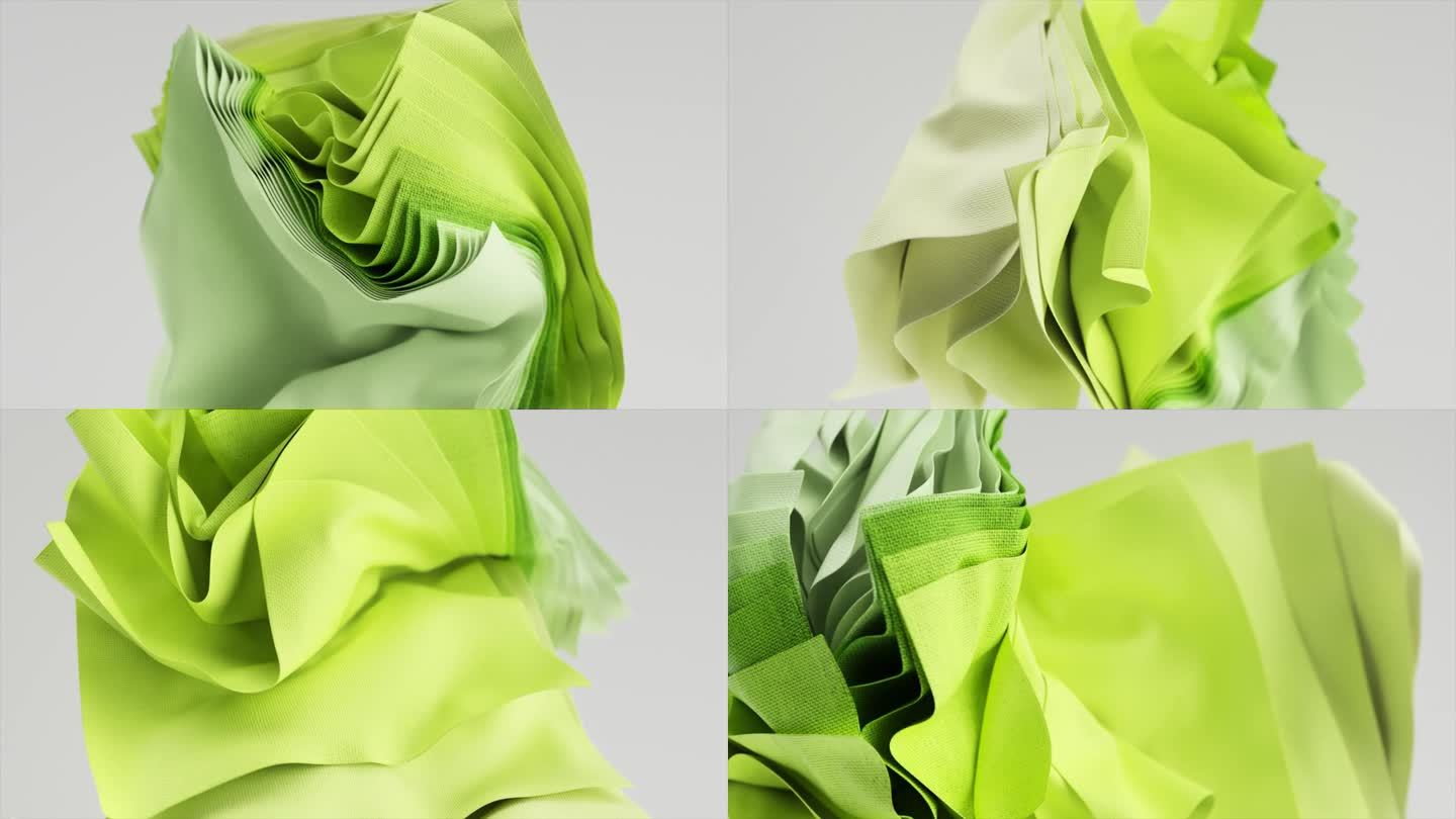 时尚的概念。在孤立的背景上旋转的一堆飞舞的方形彩色织物。绿色的布料