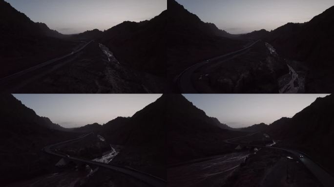夜景，近景汽车行驶在山间