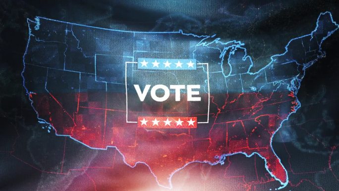 投票-美国大选。挥舞着印有美国地图和选举信息的旗帜。慢动作CGI 3D渲染