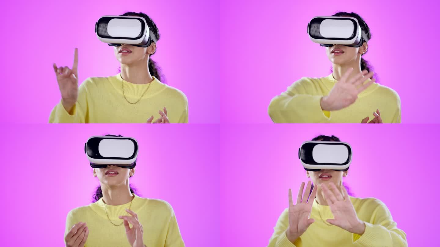 Vr，触摸和女人在三维虚拟世界的工作室孤立的紫色背景。虚拟现实，技术和人滚动未来的体验，打字和点击u