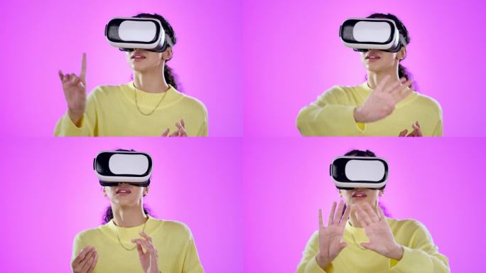 Vr，触摸和女人在三维虚拟世界的工作室孤立的紫色背景。虚拟现实，技术和人滚动未来的体验，打字和点击u