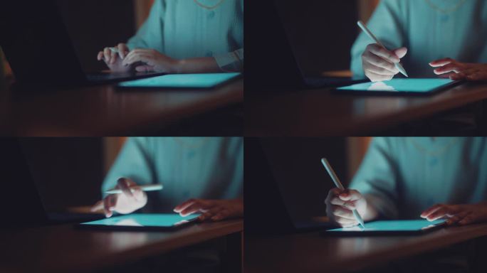 亚洲女性双手敲打笔记本电脑键盘，在黑暗中在平板电脑上写字，她工作到深夜。