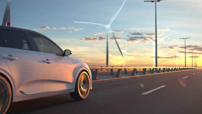 一辆在桥上行驶的普通电动汽车后面的风力发电厂正在增长