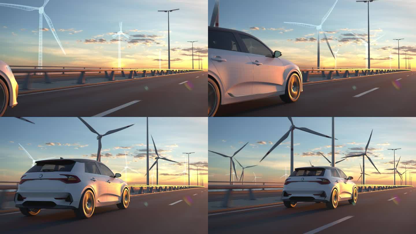 一辆在桥上行驶的普通电动汽车后面的风力发电厂正在增长