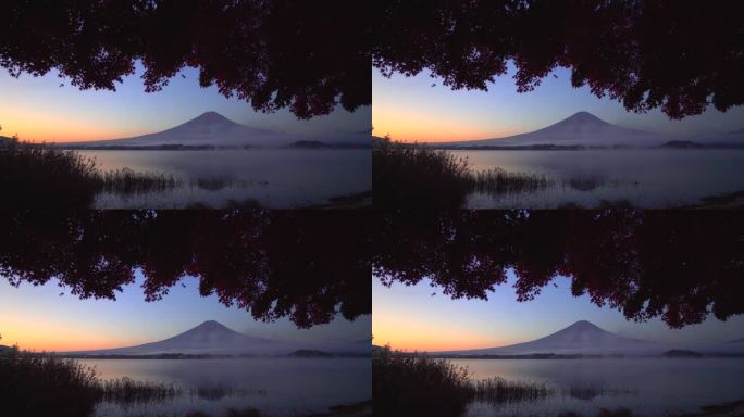 川口湖的秋天:富士山和枫叶的黎明