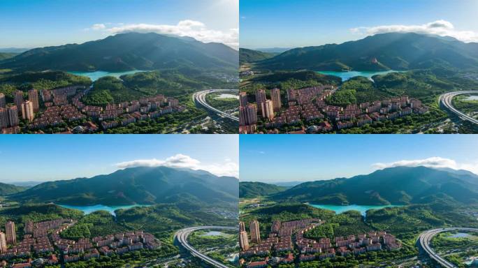 4k森林水库乡村振兴农业山峰山脉蓝天白云