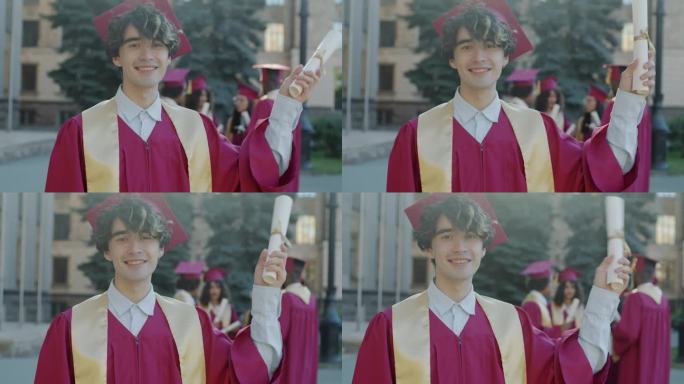 一个戴着毕业帽、穿着长袍、挥舞着文凭、面带微笑的兴奋年轻人的慢镜头