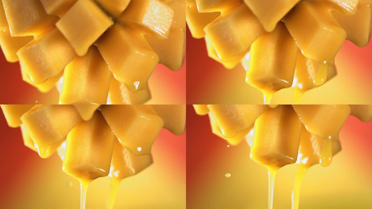 流动的芒果汁从半幻灯片芒果，微距镜头在慢动作