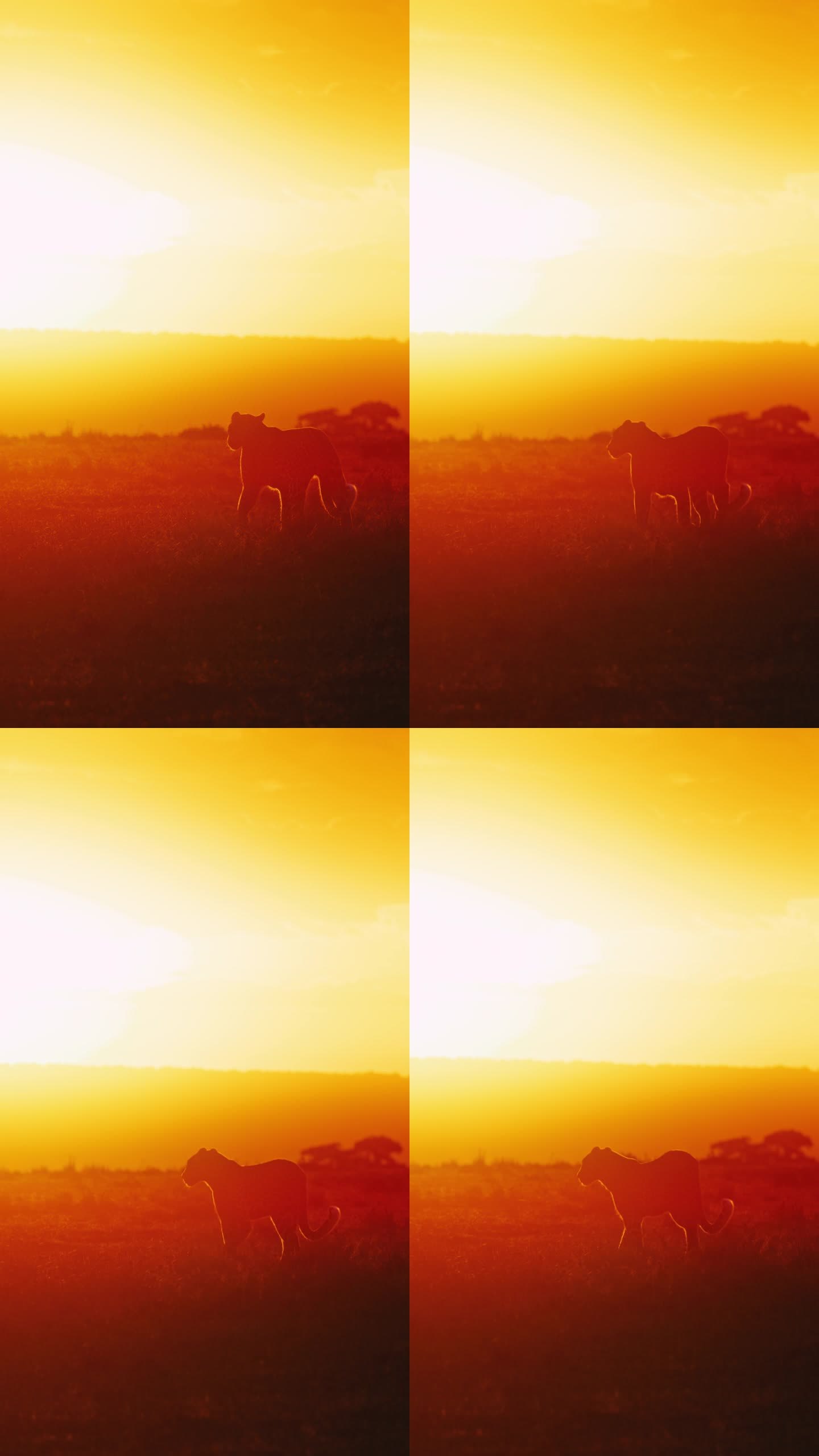 慢动作豹子的剪影在野生动物保护区在橙色的夕阳天空