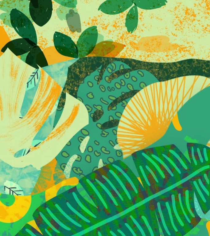 摘要热带植物循环。手绘彩色树叶，形状，涂鸦。怪物，香蕉棕榈树。垂直视频。