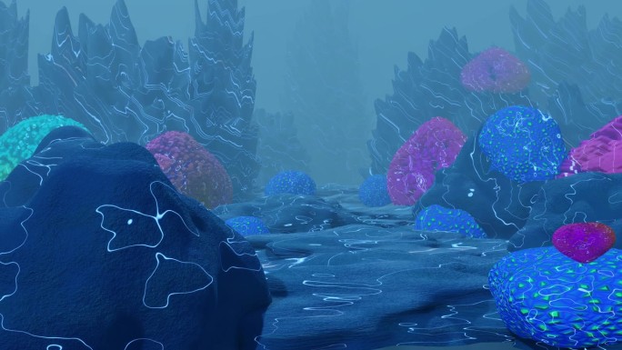 无缝循环水下深海背景与珊瑚礁。4K循环视频动画3D渲染。水下生活。放文字的地方。背景。深海。无缝循环