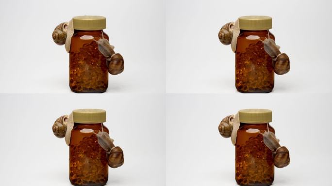 两只蜗牛爬在药瓶上。