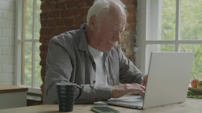 老年商人用笔记本电脑打字，集中精力在公寓室内上网活动