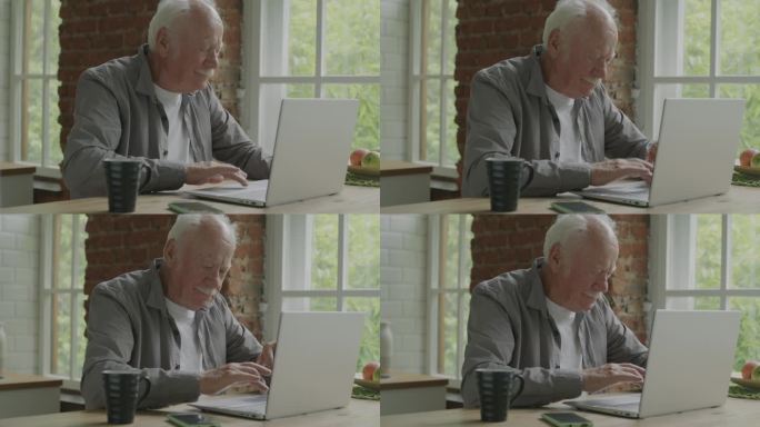 老年商人用笔记本电脑打字，集中精力在公寓室内上网活动