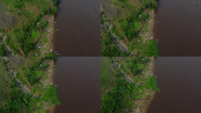 4k无人机拍摄的刚果河鸟瞰图，水色黄土鸟瞰图