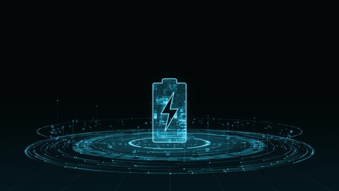 蓝色数码电池标志的运动图形与粒子环旋转与ai技术图标在未来的抽象背景电力储备概念