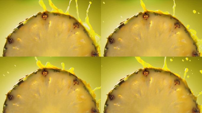 菠萝片里流出的菠萝汁，微距镜头，慢动作