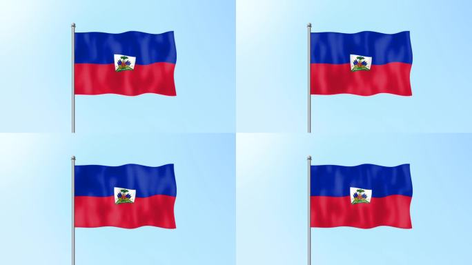 海地国旗在美丽干净的蓝天镜头背景上挥舞。4 k