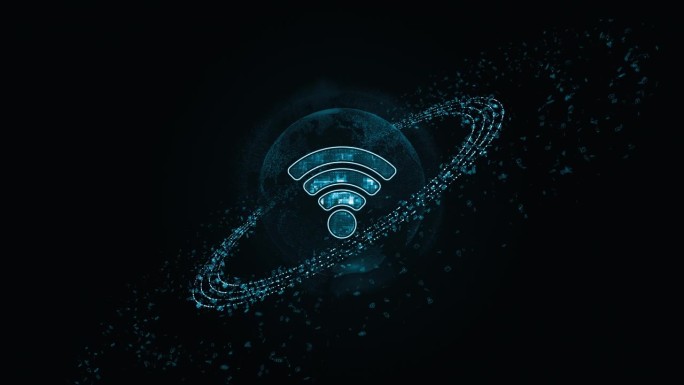 蓝色WIFI标志的运动图形与粒子环旋转和地球与ai技术图标在未来的抽象背景数据传输和无线保真连接的概