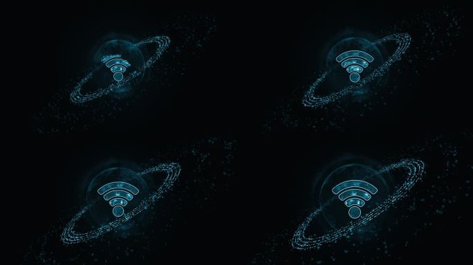 蓝色WIFI标志的运动图形与粒子环旋转和地球与ai技术图标在未来的抽象背景数据传输和无线保真连接的概