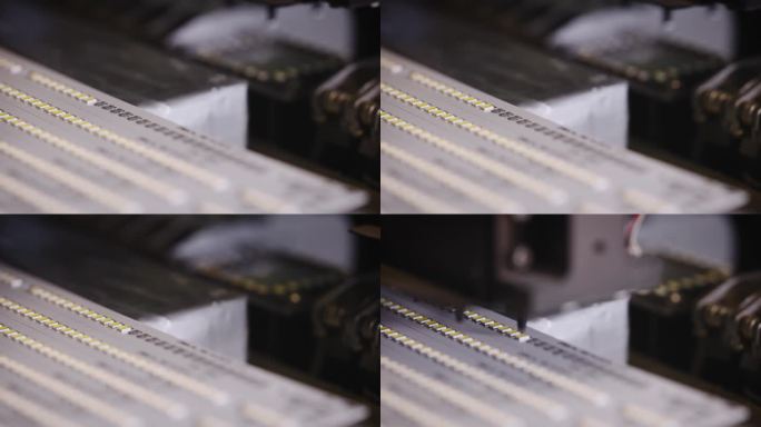微距摄影的LED面板制造工艺。一台高精度的机器正在组装一盏灯的面板