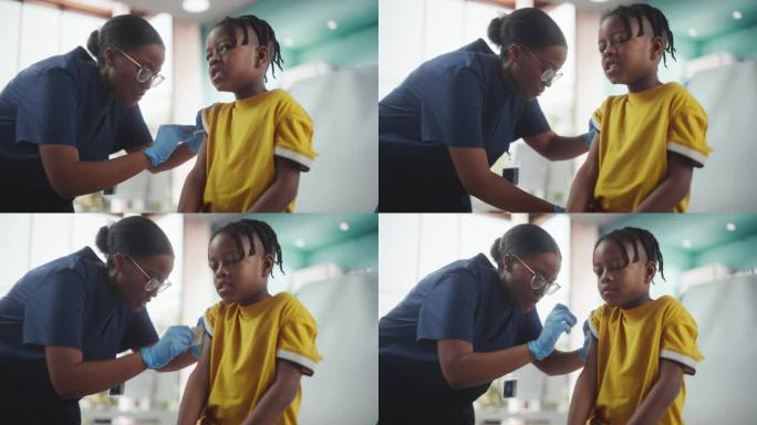一个年轻的非裔美国男孩坐在光明医院的椅子上注射流感疫苗。黑人女护士正在打针。职业女性与勇敢的孩子击掌