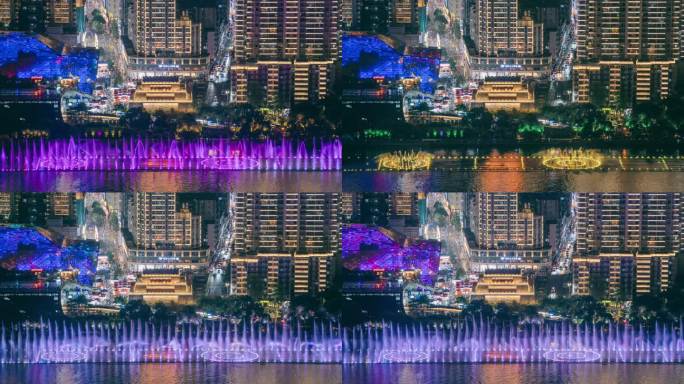 柳州江上喷泉与五星街人群延时摄影