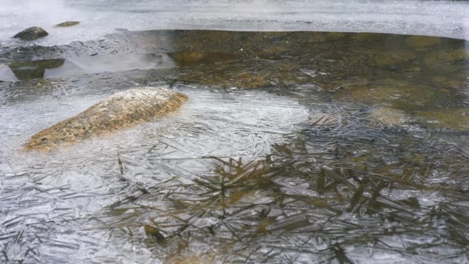 冰冻的河流上的冰形成晶体状结构，特写宏观细节从上面的水流动下面-抽象的冬季背景
