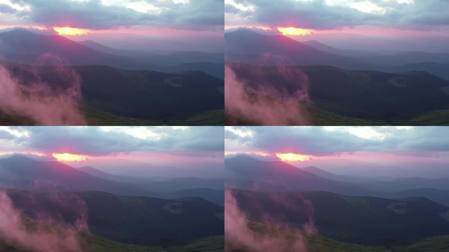 云与日落天空背景在山，背景暗红紫色日落