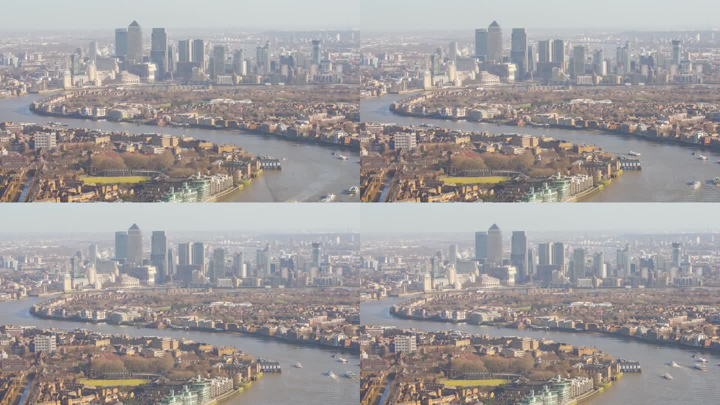 摩天大楼办公商业建筑区域金丝雀码头，伦敦，英国，延时平移，放大和从顶视图