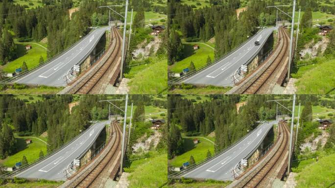 时间流逝，瑞士阿尔卑斯山大桥上的车辆。索利斯高架桥。格劳勃<s:1>恩登州