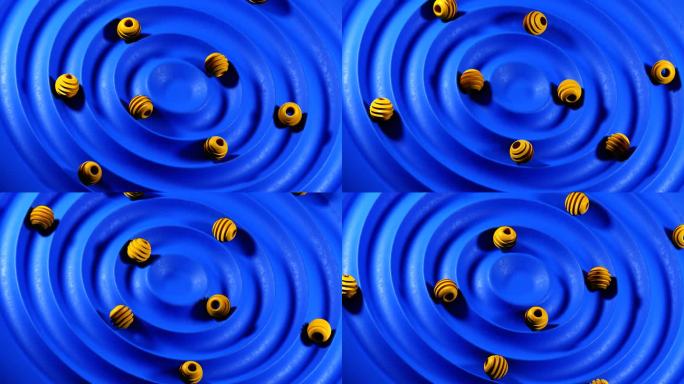 一个循环的3D动画，在充满活力的蓝色背景上呈现抽象的几何形状