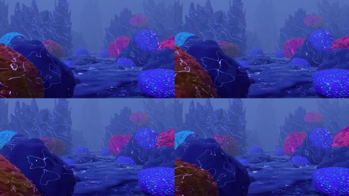 水下深海背景与珊瑚礁。4K循环视频动画3D渲染。水下生活。放文字的地方。背景
